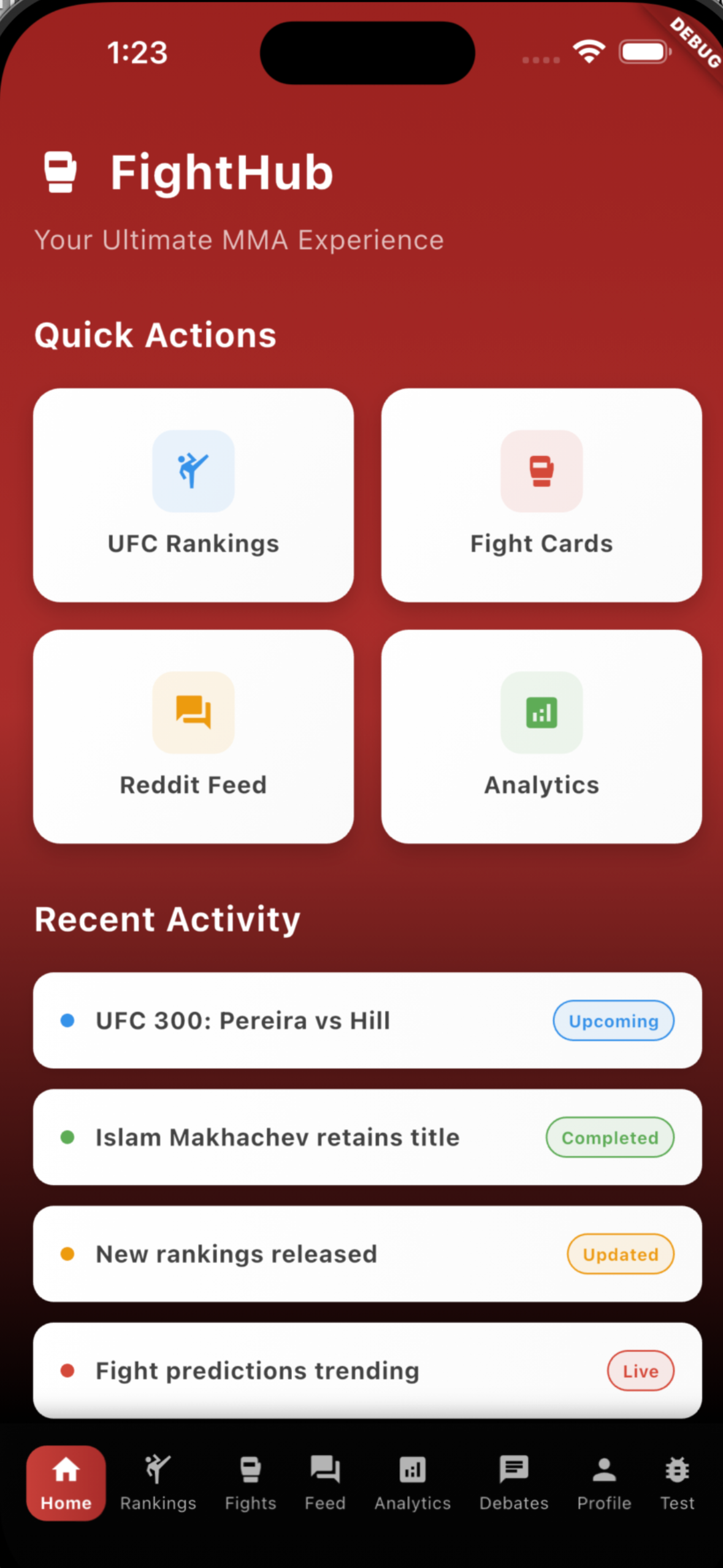 MMAmania Home Screen